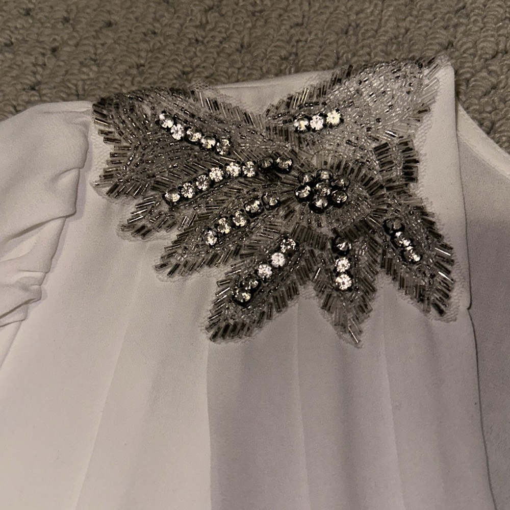 Belatrix Embellished Beaded Shoulder Gatsby Flapper Sequin Blouse White Silver S - Picture 5 of 9